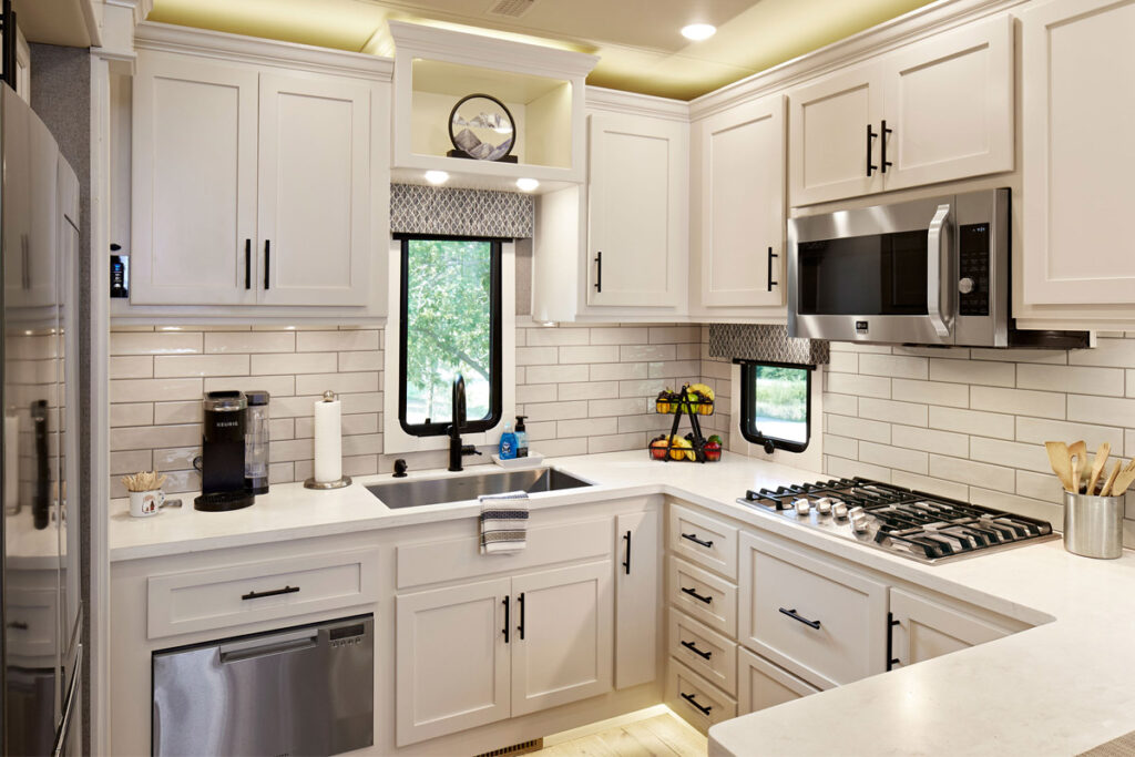 New Horizons customized RV kitchen in all white